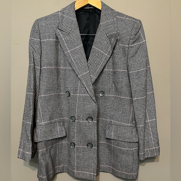 AQUASCUTUM Vintage Ingrid Wool Silk Double Breasted Checked Tailored Blazer - Picture 1 of 10